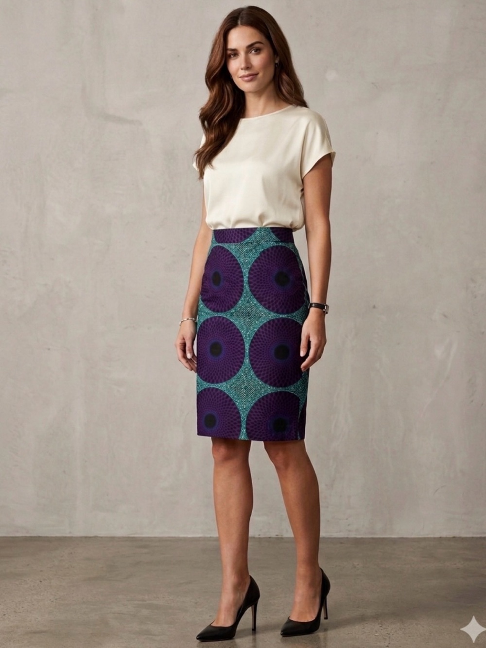 NWT Purple and Teal Circular-Print Pencil Skirt